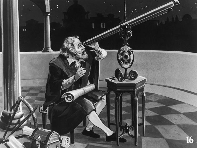 Dibujo en blanco del astrónomo Galileo Galilei, mirando a través de su telescopio